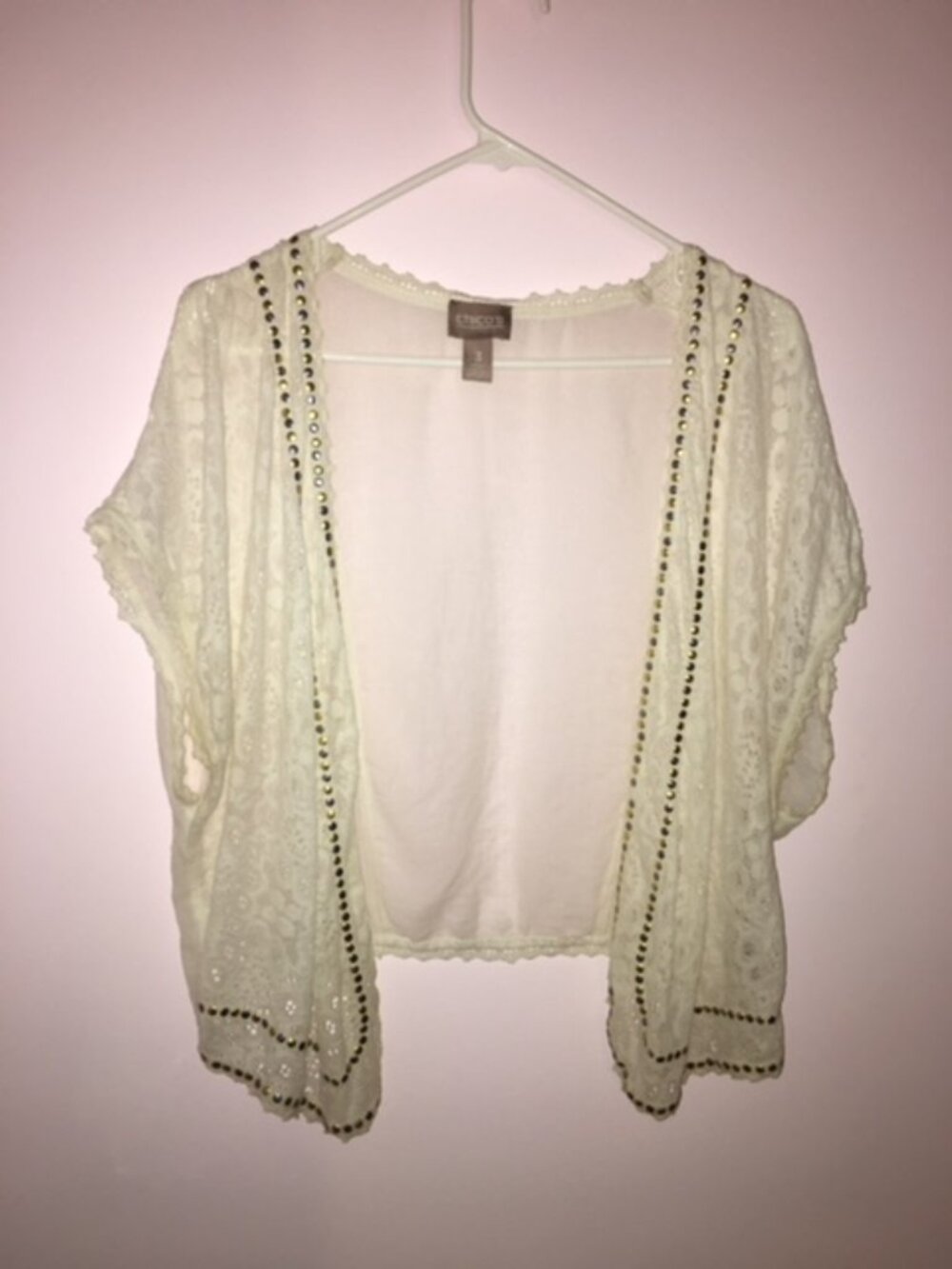 Chico's Cream Lacy Embellished Shrug, Size 16 (Chico's Size 3)